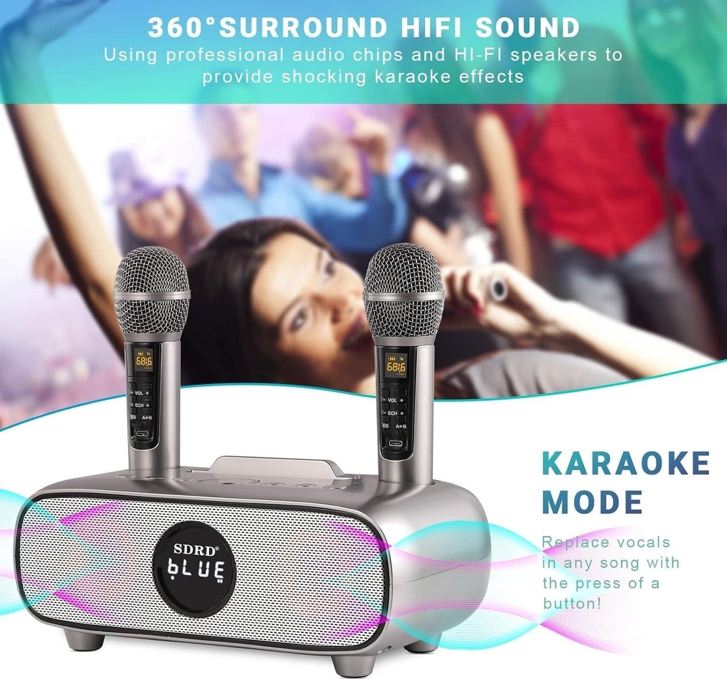 Altoparlante Bluetooth per karaoke, karaoke con 2 microfoni wireless UHF - 7