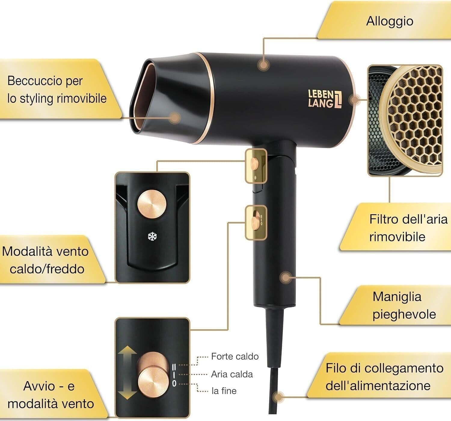 Asciugacapelli Ion 2100W, Anti-Spliss con modalità aria fredda, Asciugacapelli - 3