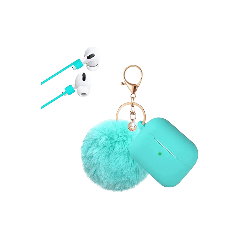Custodia Protettiva in Silicone per Airpods Pro Verde Acqua con Pompon e Laccio Cuffie