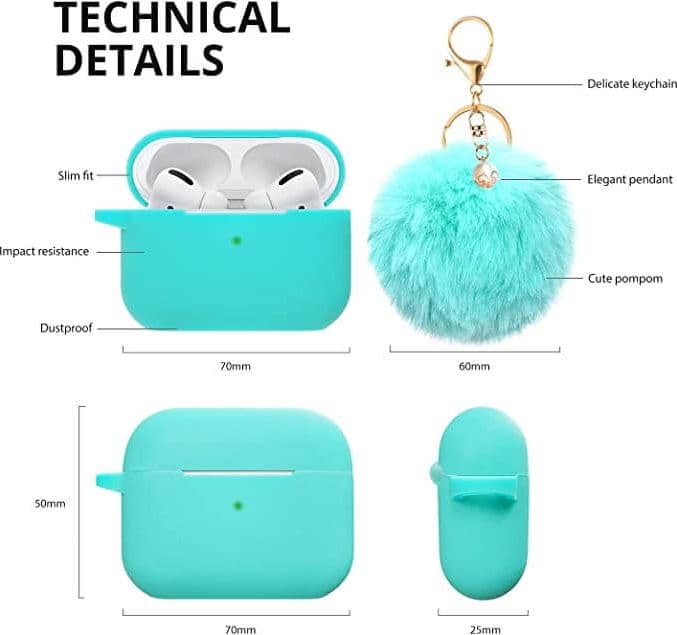Custodia Protettiva in Silicone per Airpods Pro Verde Acqua con Pompon e Laccio Cuffie - 3