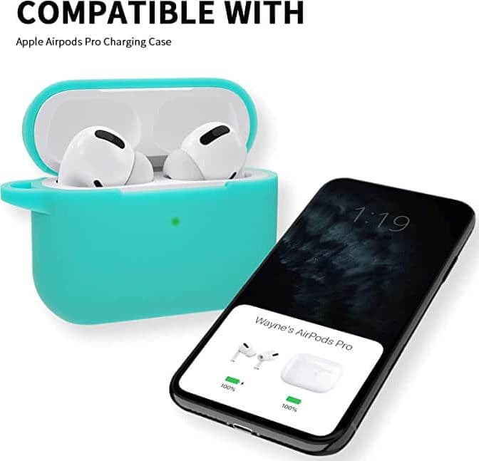Custodia Protettiva in Silicone per Airpods Pro Verde Acqua con Pompon e Laccio Cuffie - 4