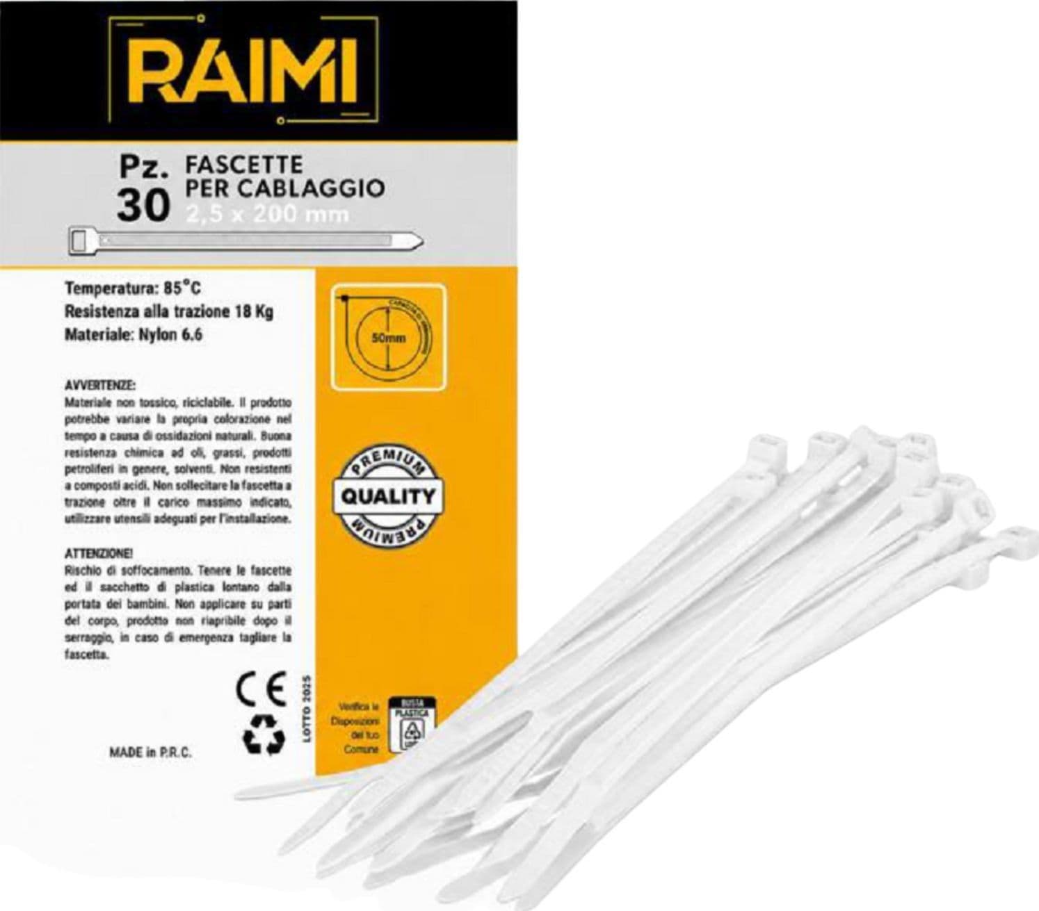 EcoPrice Fascette Cablaggio 2.5x200mm 30pz Bianco RM-FC2520B - 1
