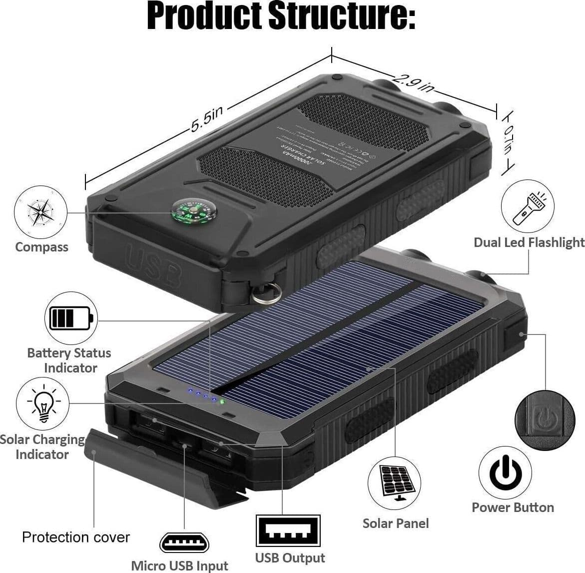 Caricabatterie Solare Solar Power Bank 20000Mah Impermeabile Portatile Di Backup - 5