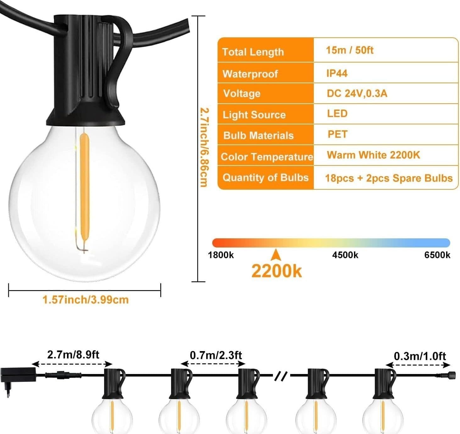 Catena luminosa per esterni,impermeabili da 15 m / 50 piedi con 18 + 2 lampadine - 3