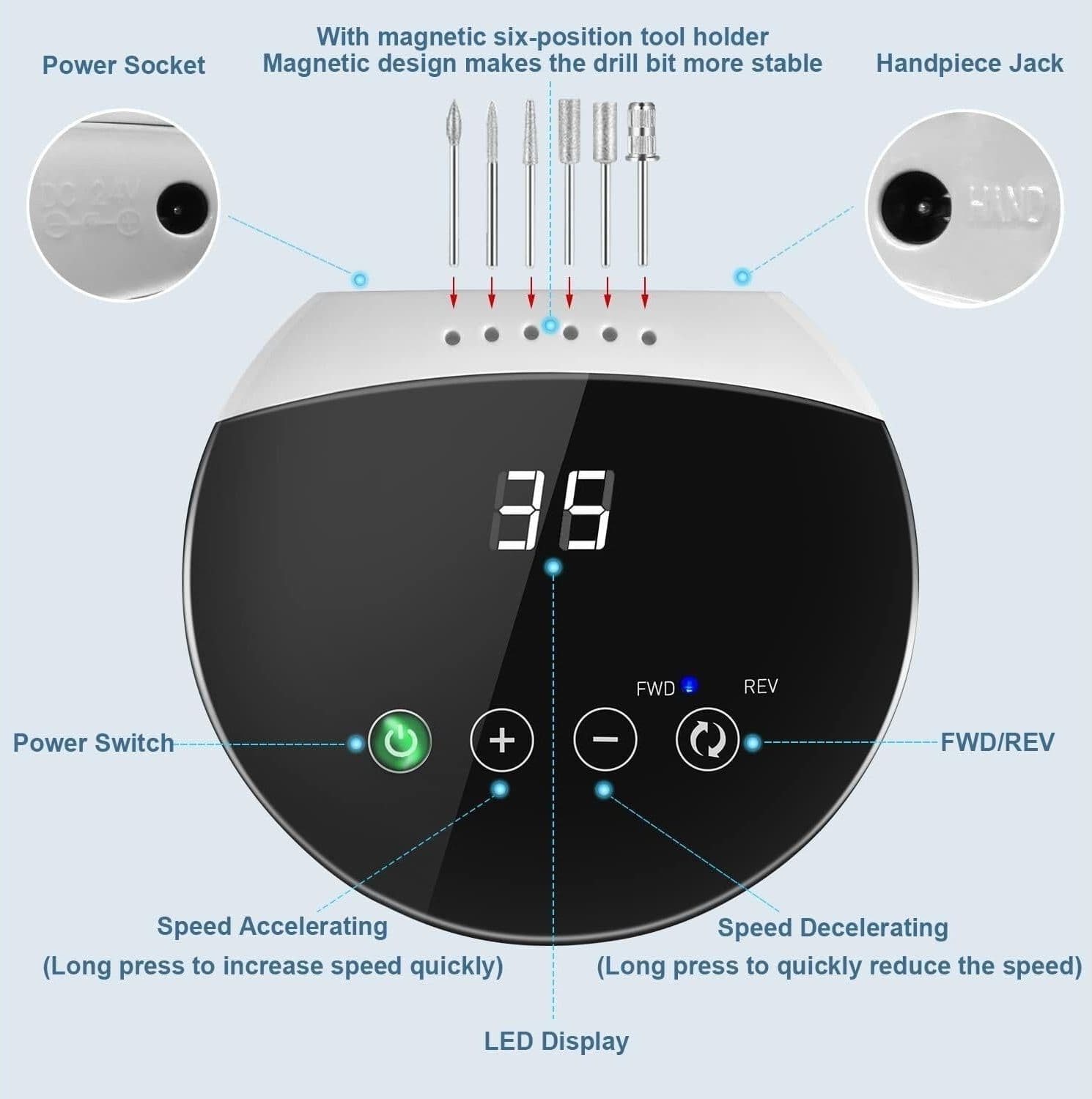 Lima per Unghie Elettrica con Pulsanti a Sfioramento e Display Digitale LED HD - 2