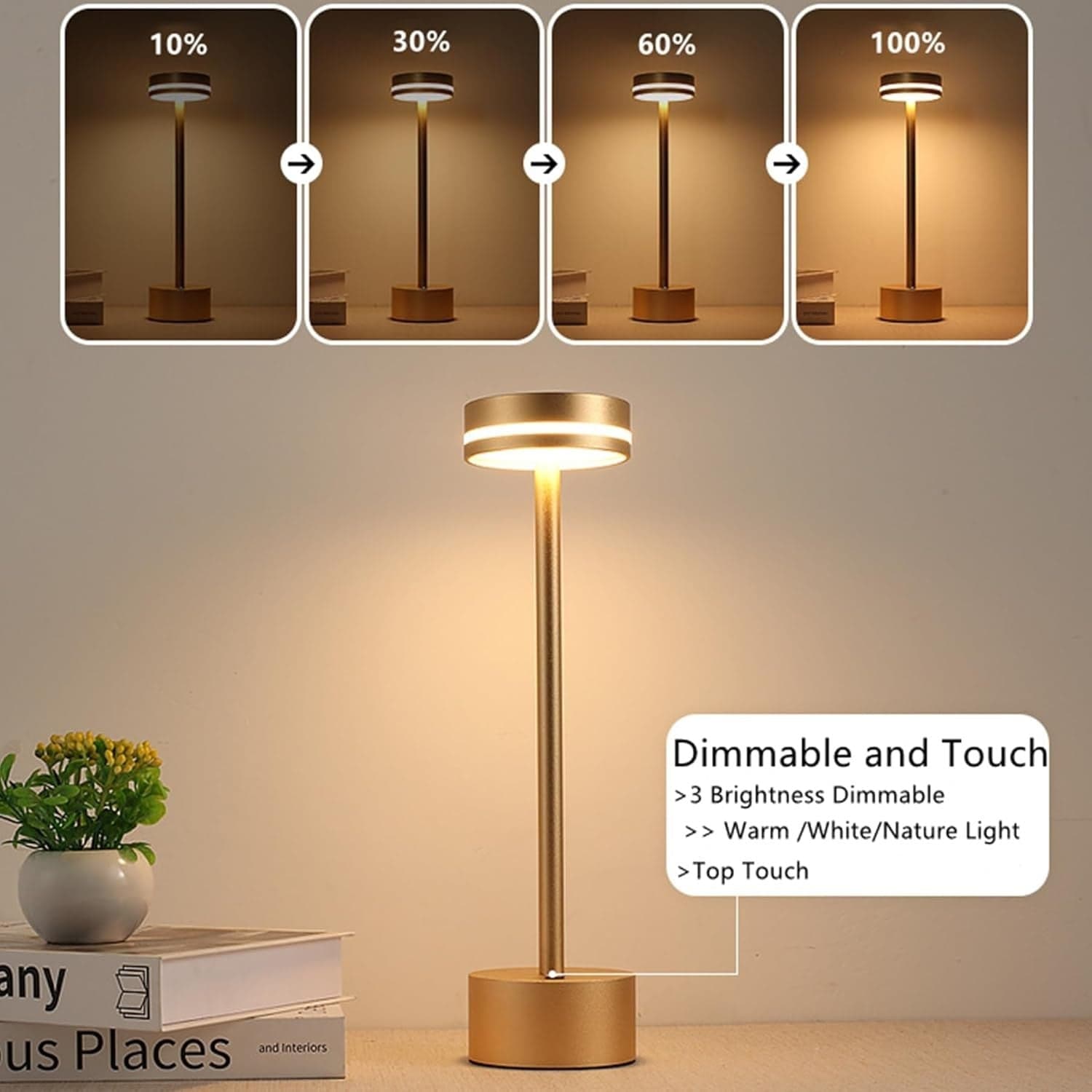 Lampada da tavolo senza fili a  batteria a 3 colori regolabili dimmerabile touch - 6