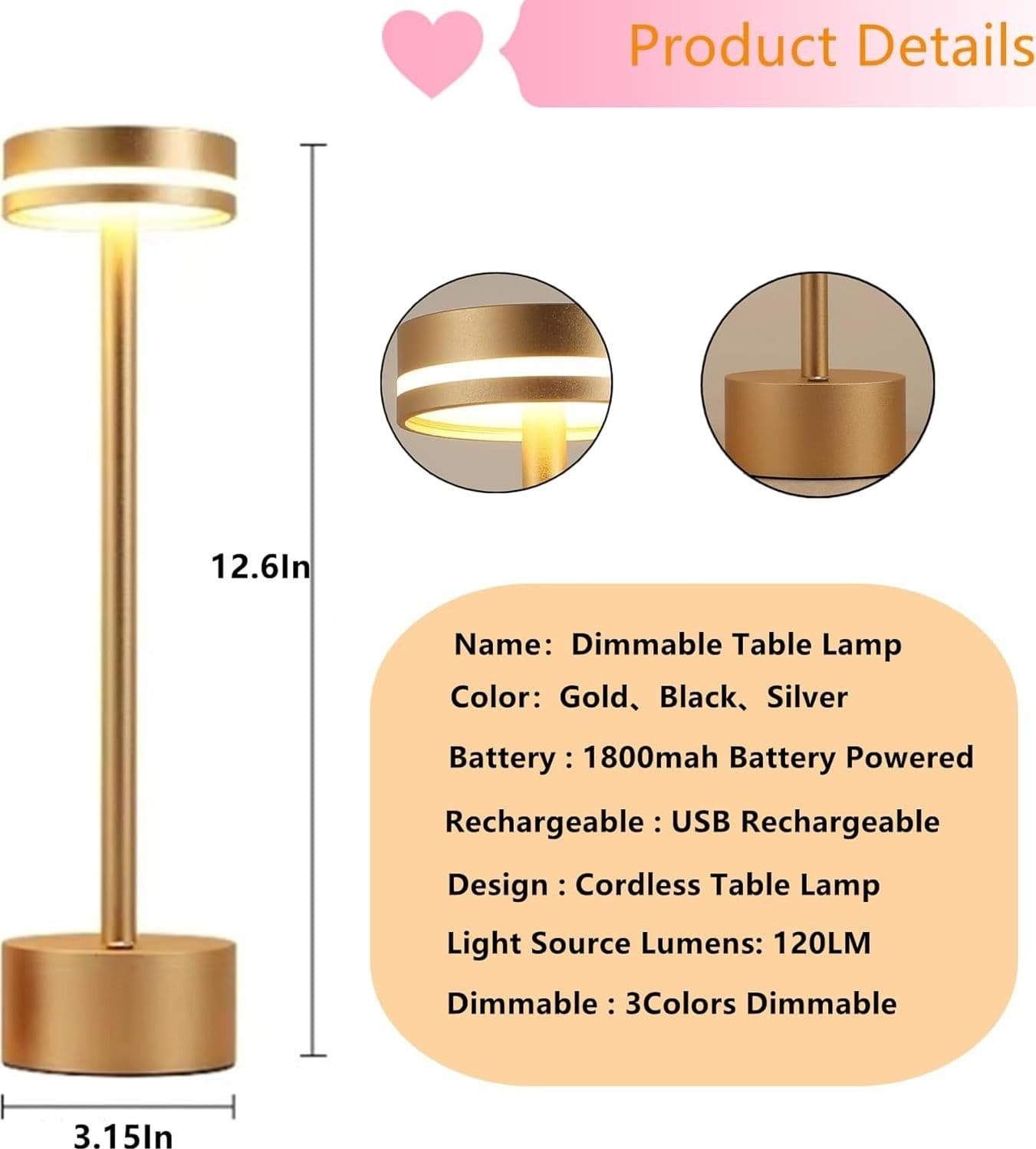 Lampada da tavolo senza fili a  batteria a 3 colori regolabili dimmerabile touch - 7