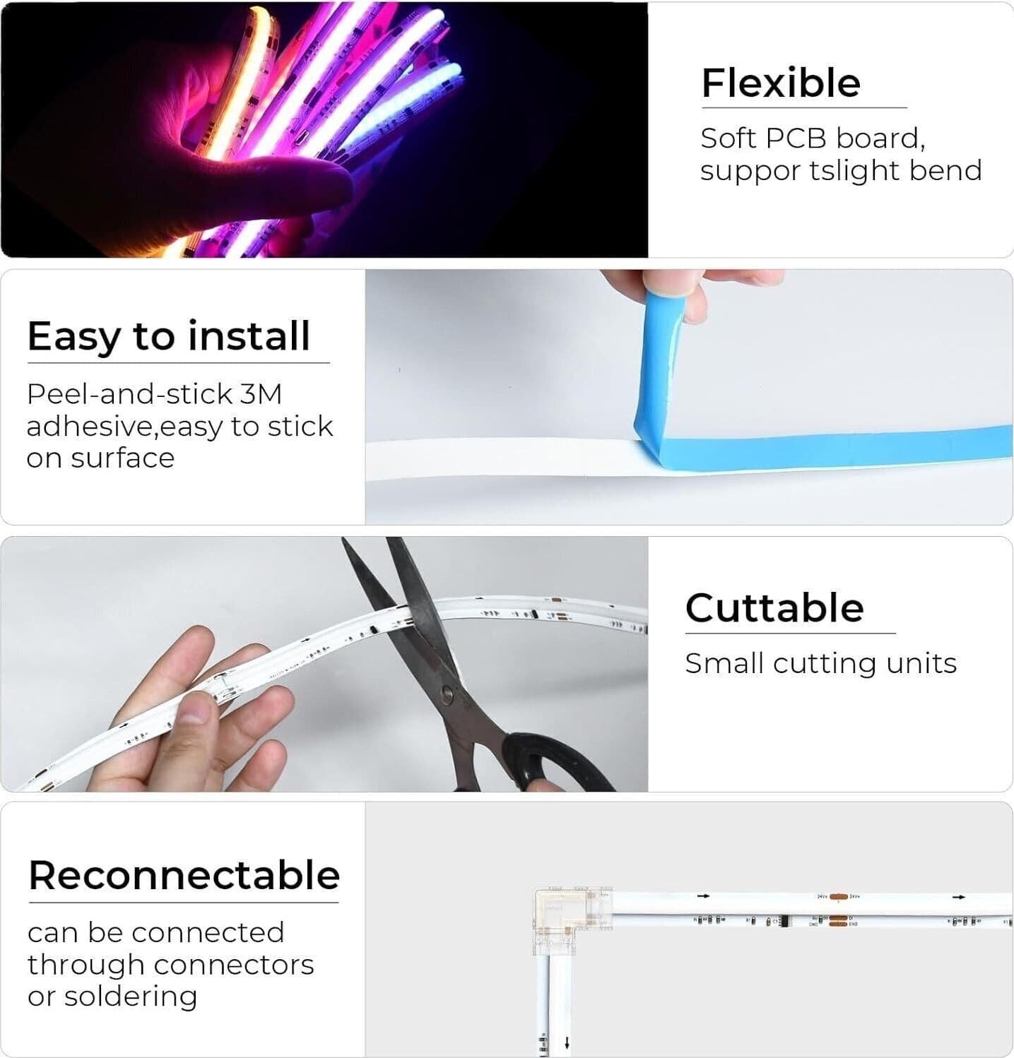 GEYUEYA Striscia LED COB 10 Metri 5760 LEDs WIFI 24v CRI 90+  rgbic - 6