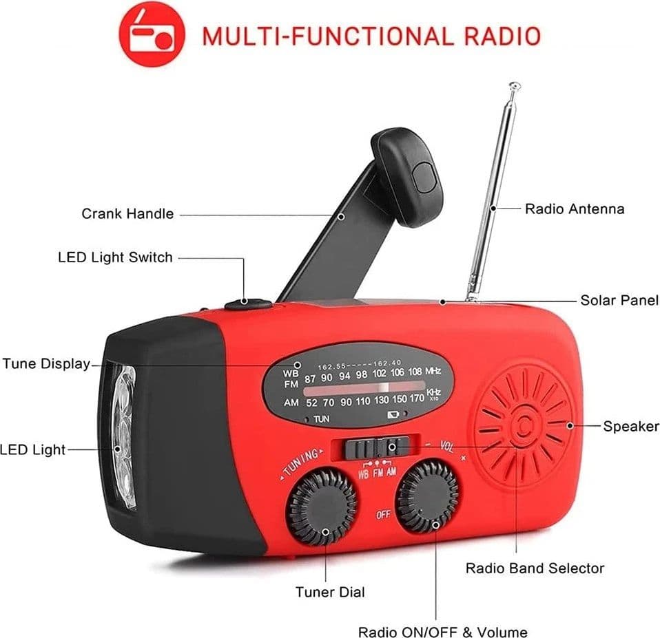 Radio Solare Wind Up, Radio Meteo Portatile AM/FM/WB Con Torcia LED E Batteria - 9