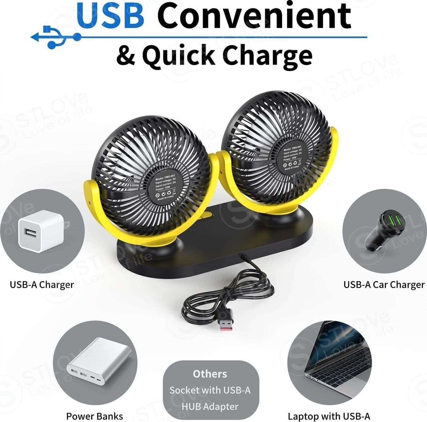 USB Mini Ventilatori 10 Volt Doppia Testa Ventola di Raffreddamento Ventilatore - 3