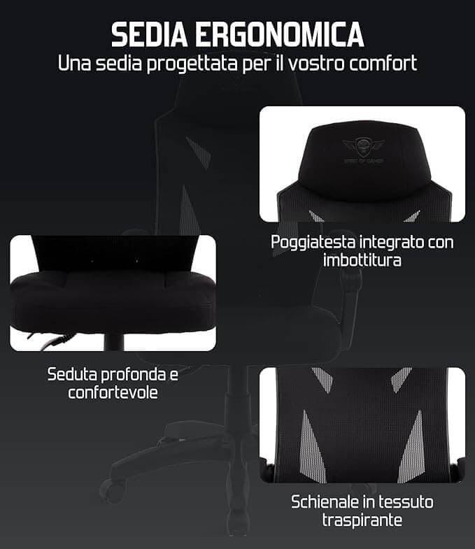 Spirit of Game Sedia Gamer Hellcat Nera in Tessuto Traspirante con Poggiatesta Imbottito - 4