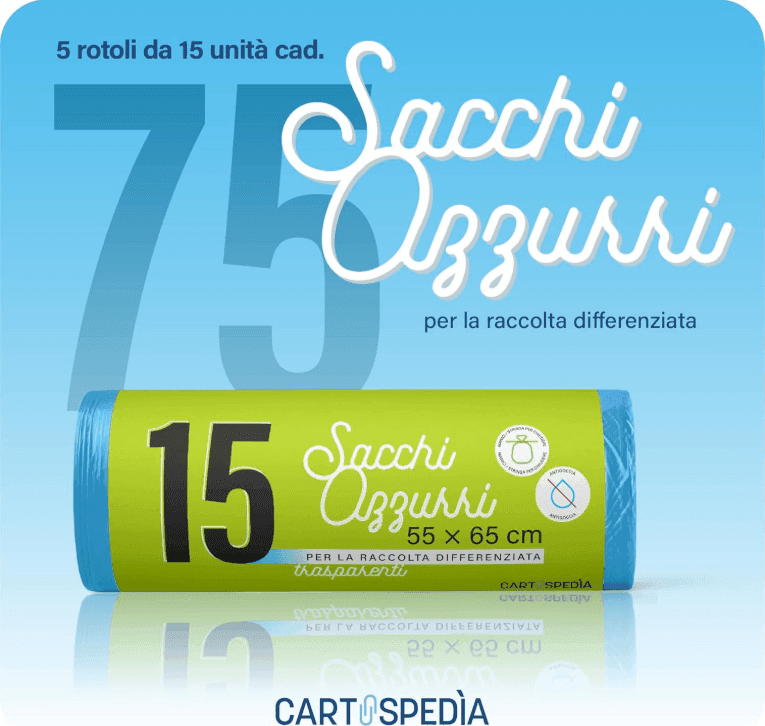 Cartospedìa - 75 Sacchetti Spazzatura - MISURA: 55x65 cm - con Manici da 40L, Trasparenti per Raccolta Differenziata Azzurri - 2