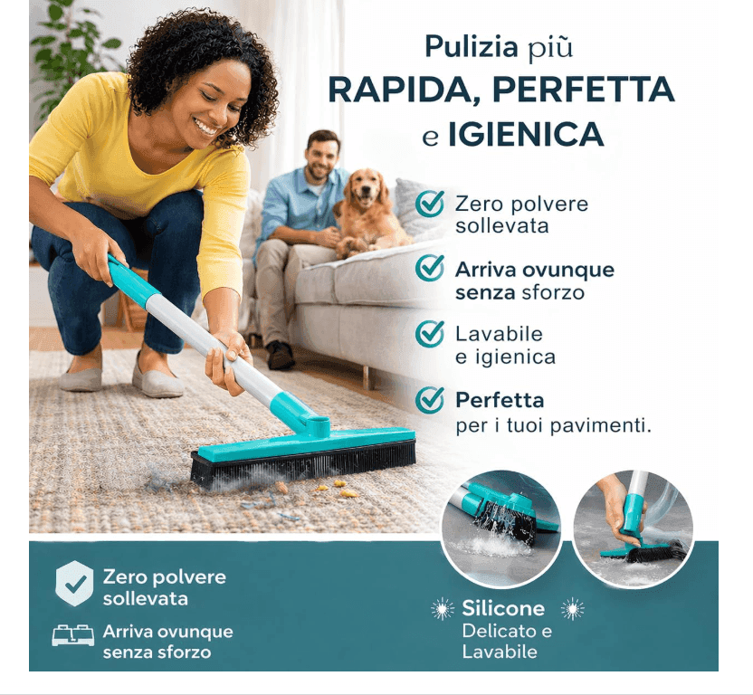 Cartospedìa - Scopa in Silicone con Manico Estensibile - Raccogli Polvere e Peli - Lavabile - Ideale per Interno e Esterno - 6