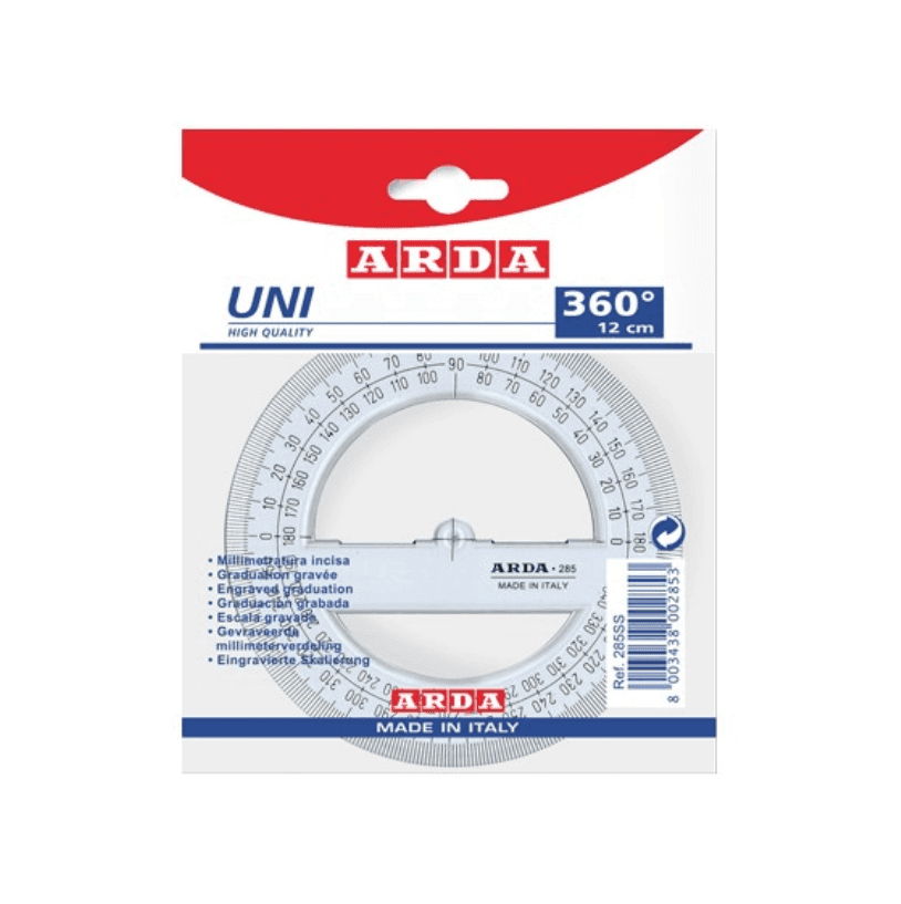 Arda - Goniometro a 360 ° 12 centimetri linea uni - regola (polistirolo, trasparente, 120 mm)