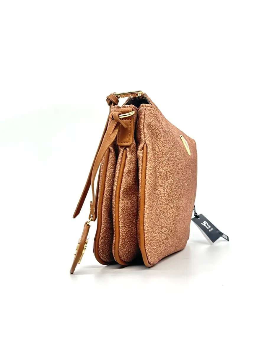 Ynot borsa donna Clo a tracolla con tre scomparti marrone e zip oro - 2