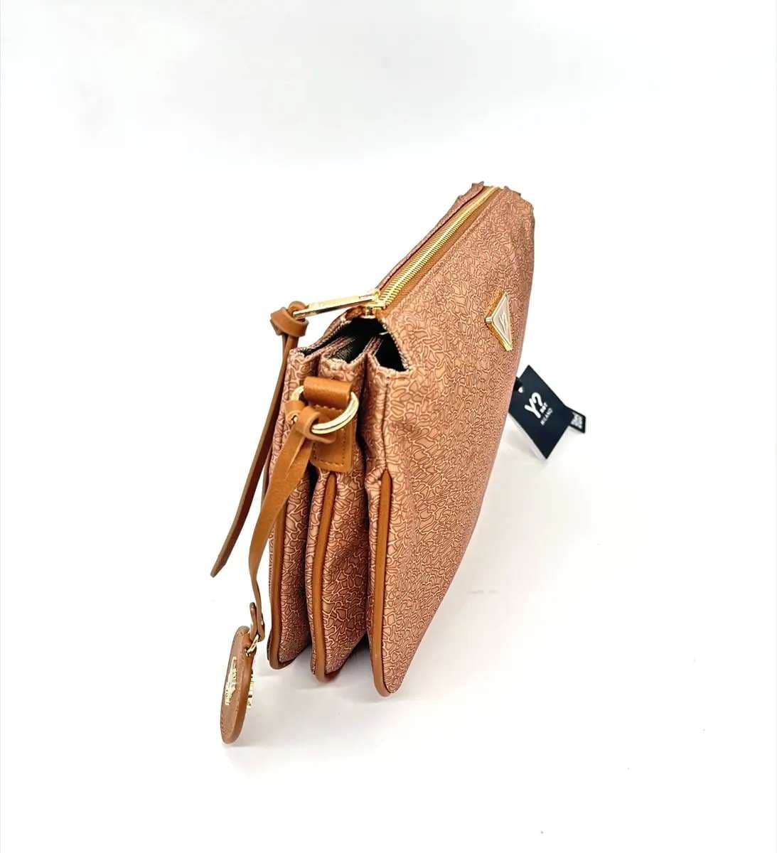 Ynot borsa donna Clo a tracolla con tre scomparti marrone e zip oro - 3