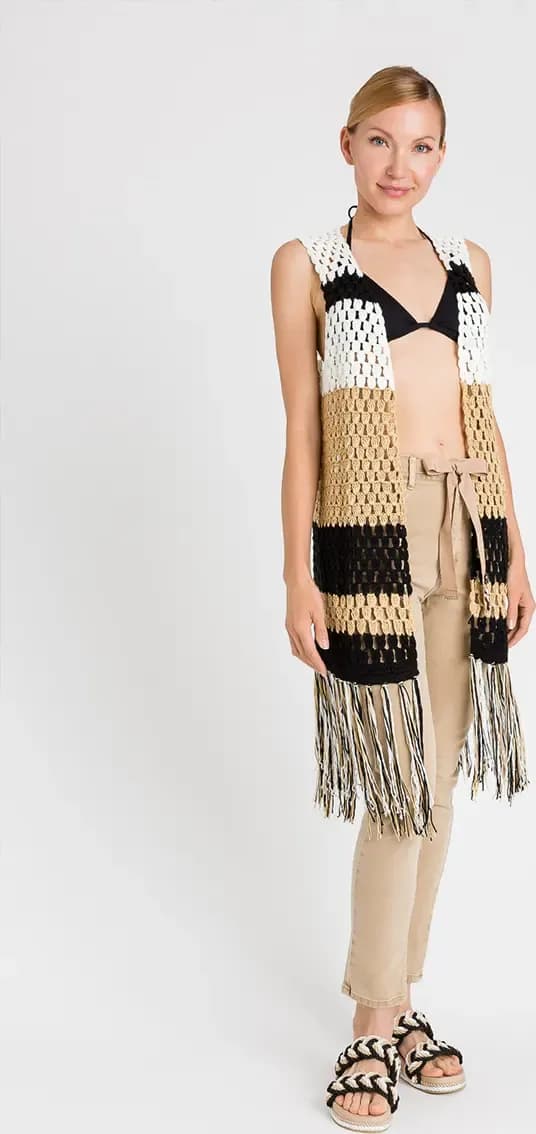 TWINSET | Gilet lungo color block con frange - 5