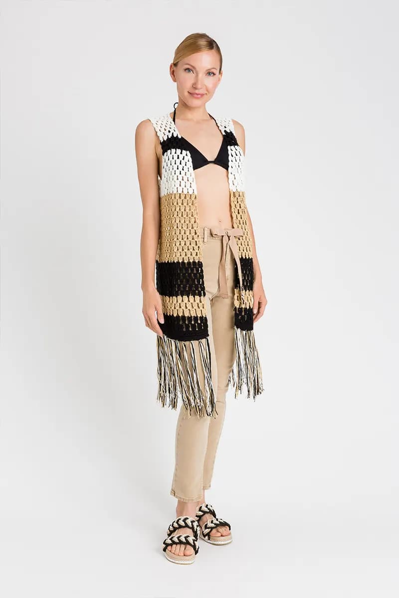 TWINSET | Gilet lungo color block con frange - 5