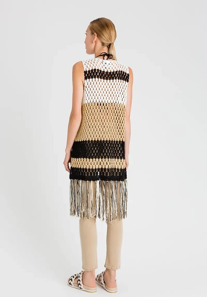TWINSET | Gilet lungo color block con frange - 2
