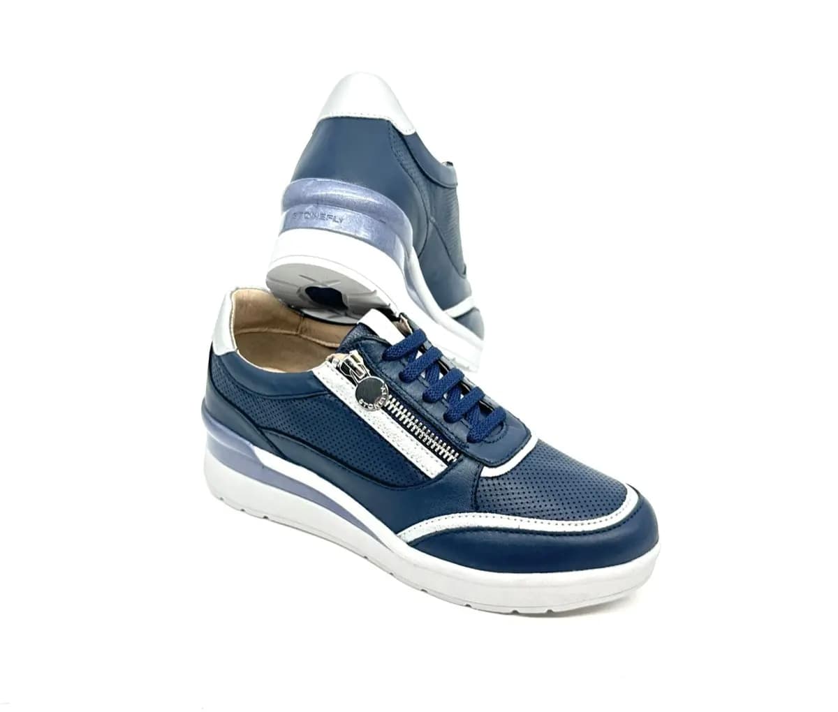 Stonefly sneaker donna blu traforate zip laterale zeppa comfort suola leggera - 5