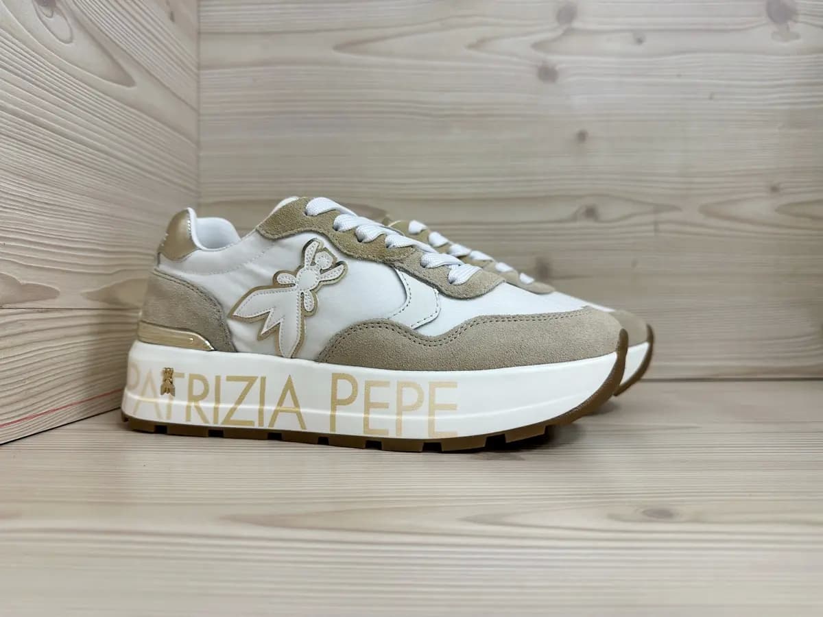 Patrizia Pepe sneaker donna pelle e suede bianca beige platform logo laterale