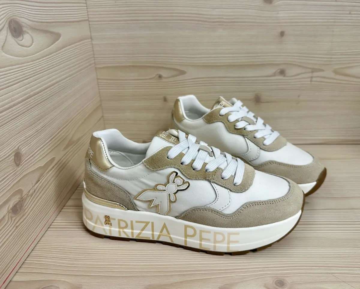 Patrizia Pepe sneaker donna pelle e suede bianca beige platform logo laterale - 3