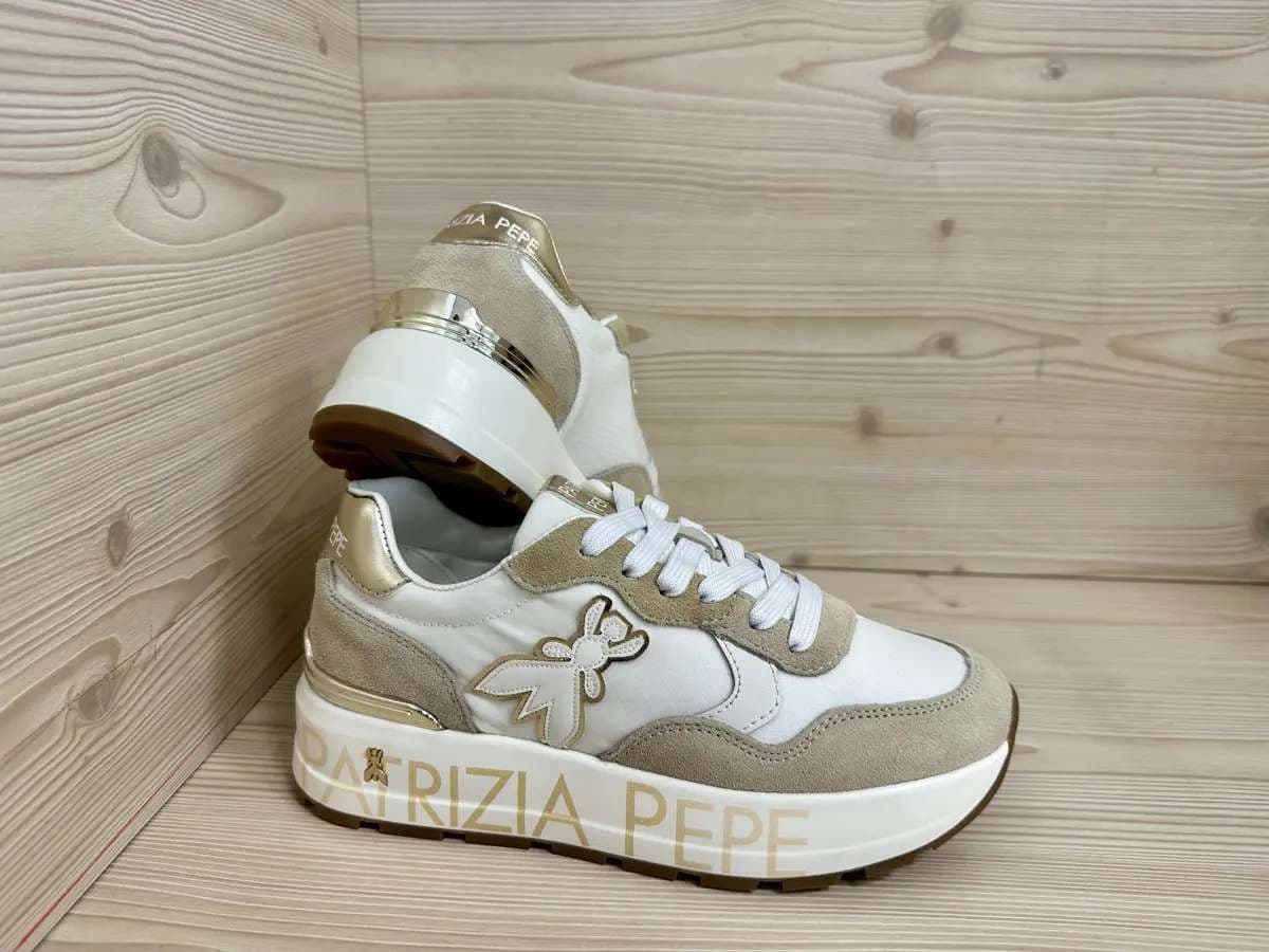 Patrizia Pepe sneaker donna pelle e suede bianca beige platform logo laterale - 4