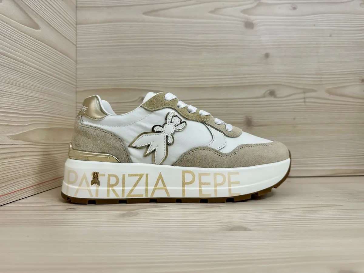 Patrizia Pepe sneaker donna pelle e suede bianca beige platform logo laterale - 5