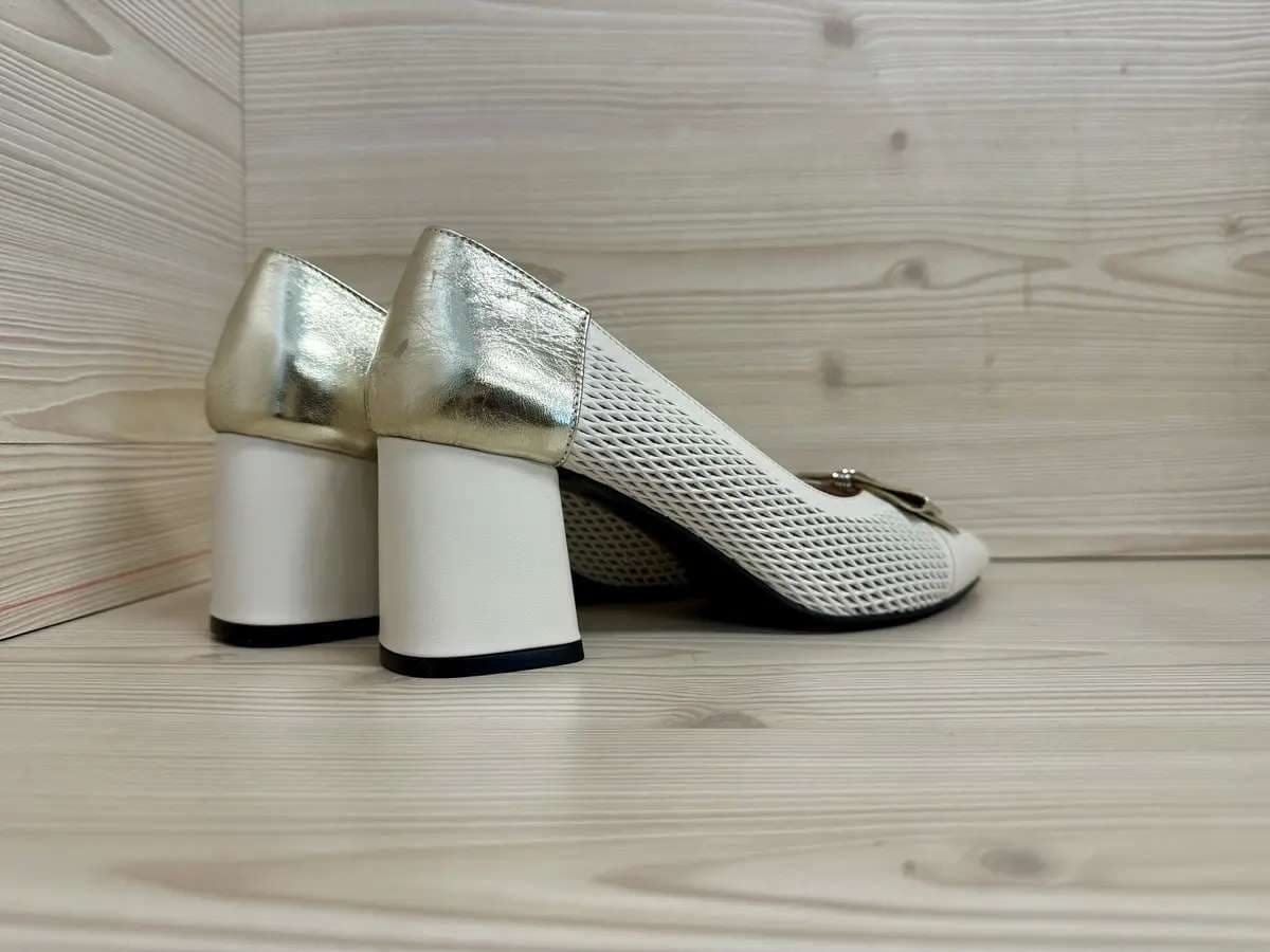 Daphne scarpe donna décolleté pelle beige con fiocco e tacco largo - 2