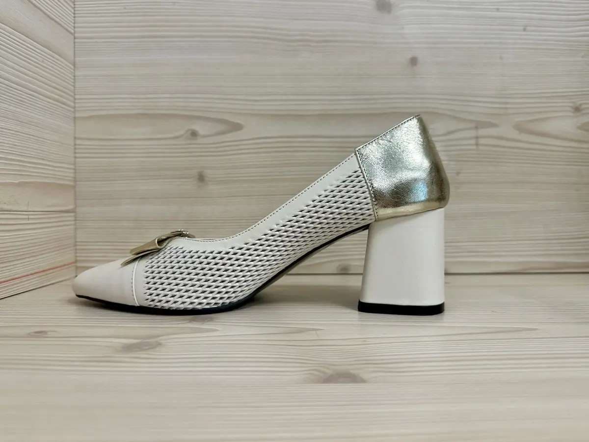 Daphne scarpe donna décolleté pelle beige con fiocco e tacco largo - 5