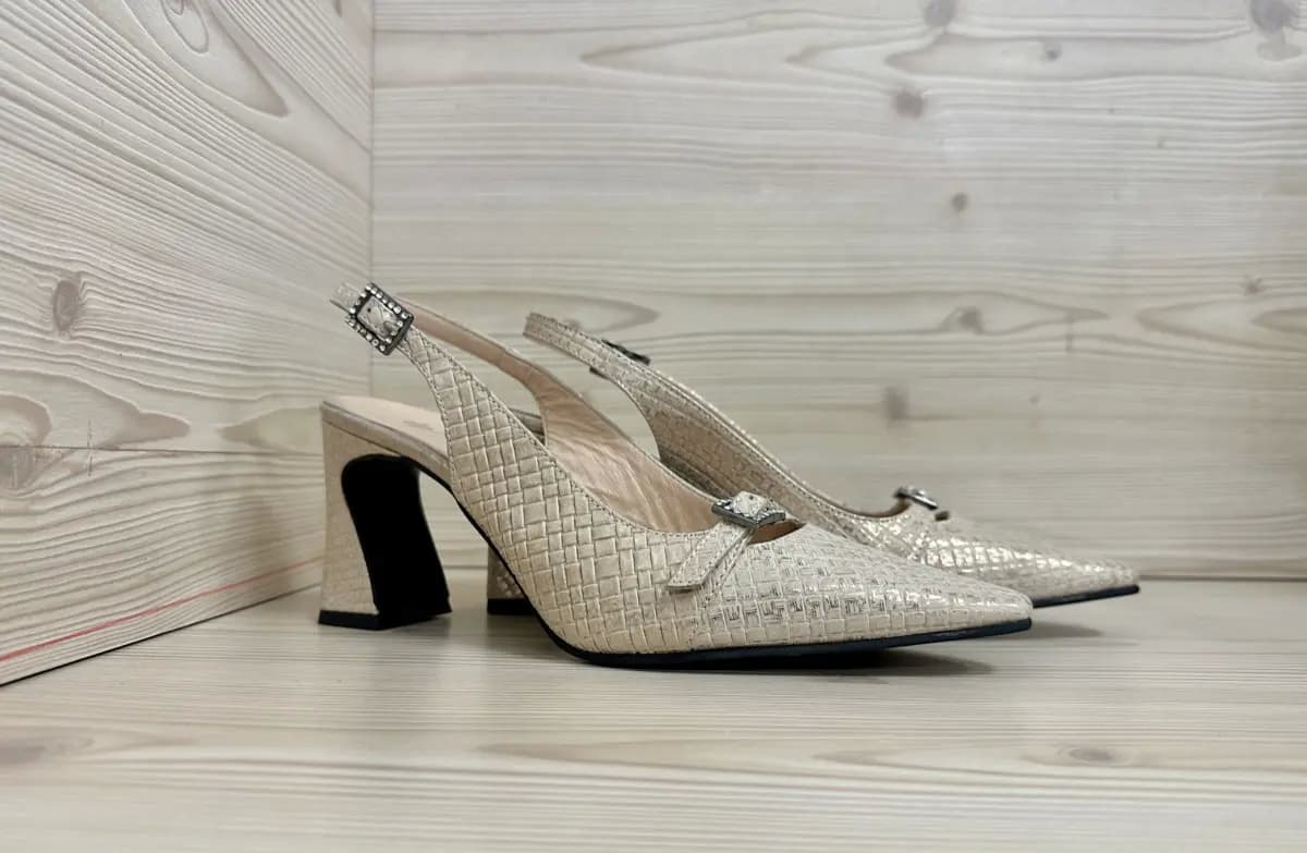 Daphne slingback donna pelle intrecciata beige con tacco largo elegante - 7