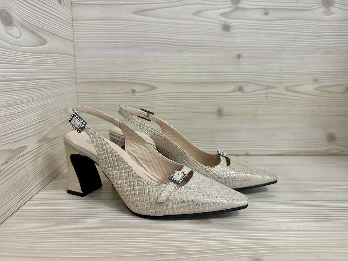 Daphne slingback donna pelle intrecciata beige con tacco largo elegante - 2