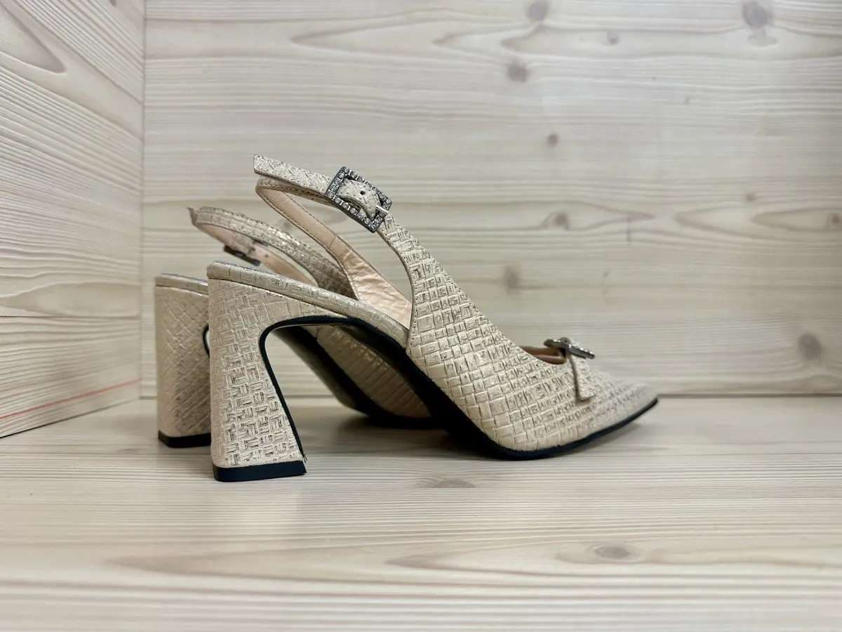 Daphne slingback donna pelle intrecciata beige con tacco largo elegante - 3