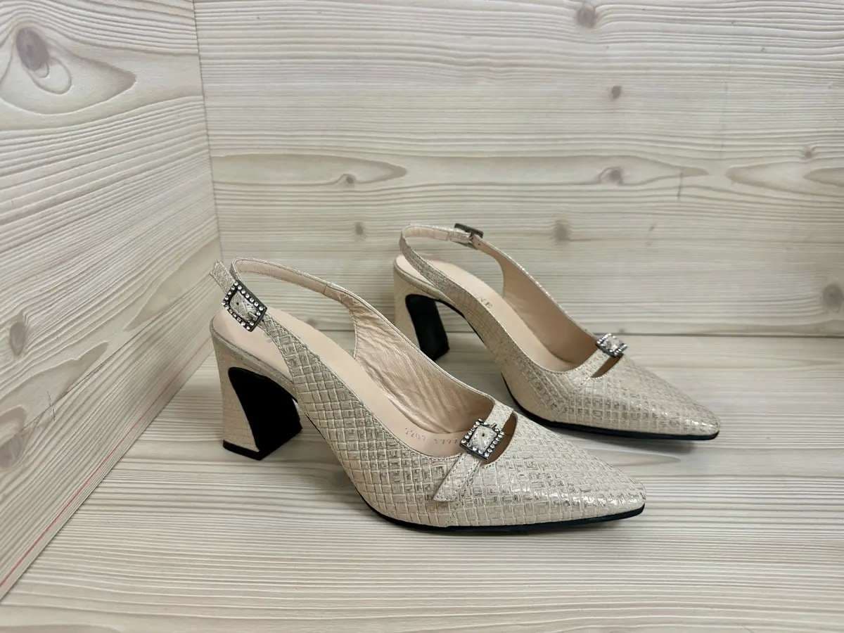 Daphne slingback donna pelle intrecciata beige con tacco largo elegante - 4