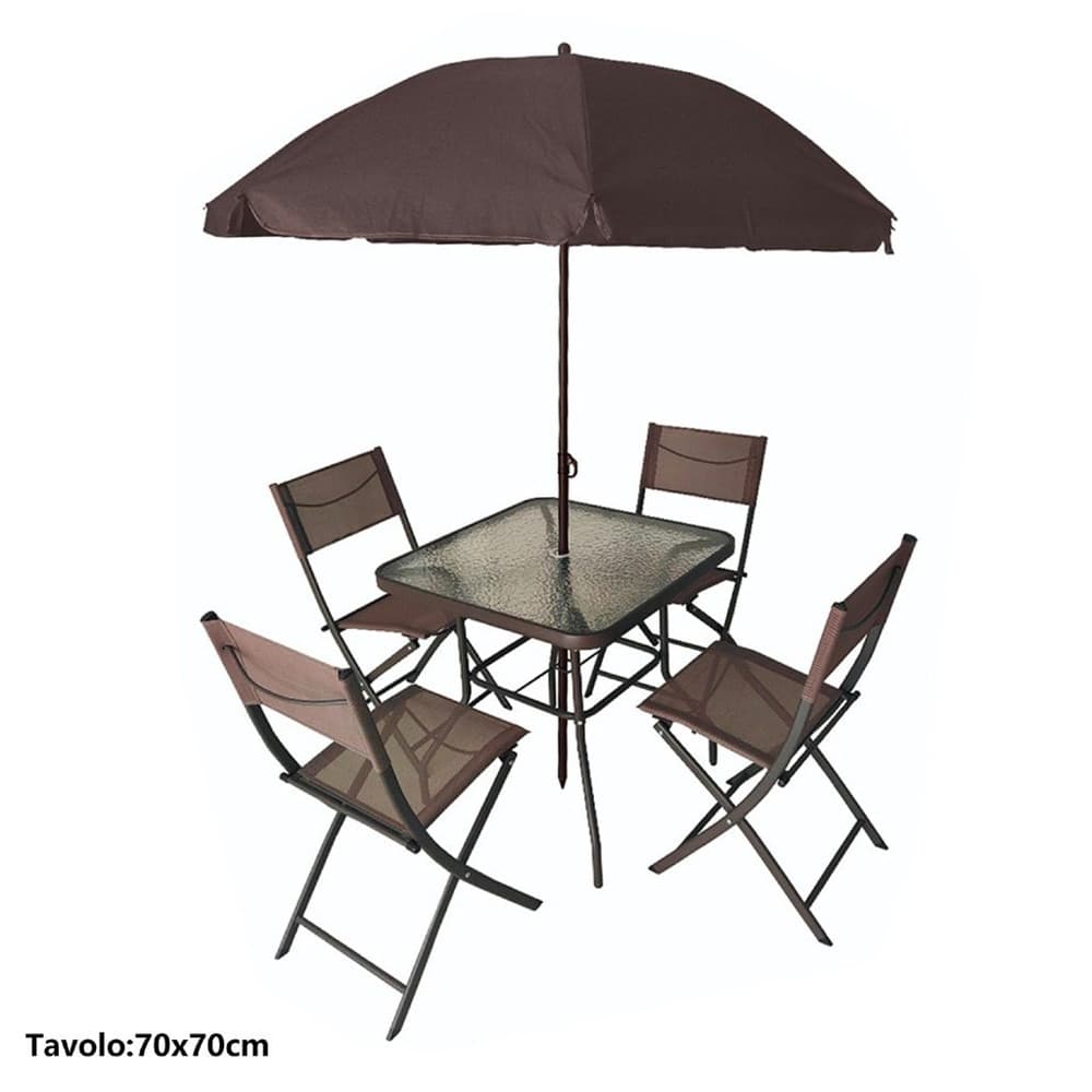 SET GIARDINO SHARM TAVOLO CON RIPIANO VETRO 70X70CM 4 SEDIE PIEGHEVOLI OMBRELLONE PARASOLE - 11