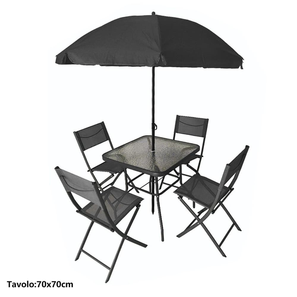 SET GIARDINO SHARM TAVOLO CON RIPIANO VETRO 70X70CM 4 SEDIE PIEGHEVOLI OMBRELLONE PARASOLE - 12