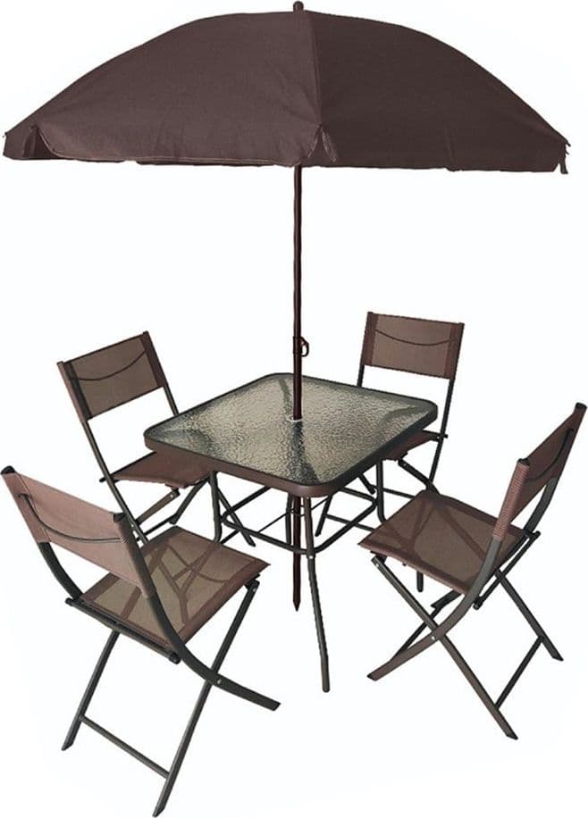SET GIARDINO SHARM TAVOLO CON RIPIANO VETRO 70X70CM 4 SEDIE PIEGHEVOLI OMBRELLONE PARASOLE - 2