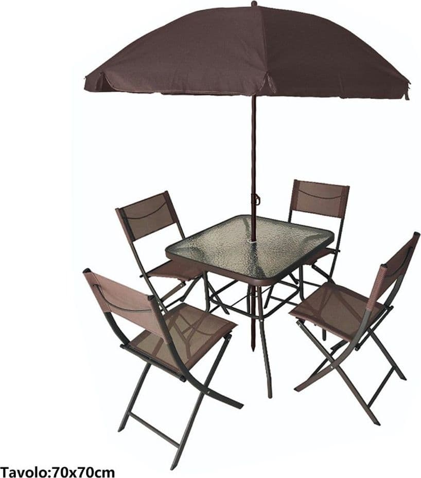 SET GIARDINO SHARM TAVOLO CON RIPIANO VETRO 70X70CM 4 SEDIE PIEGHEVOLI OMBRELLONE PARASOLE - 3