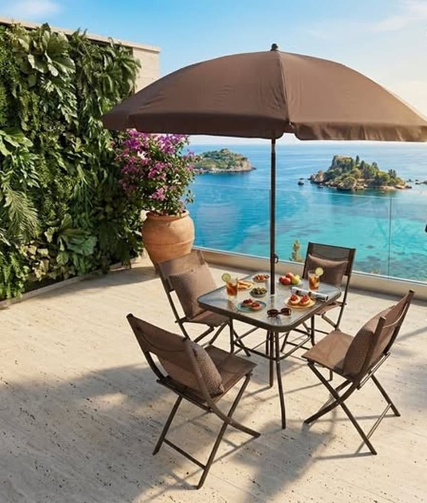 SET GIARDINO SHARM TAVOLO CON RIPIANO VETRO 70X70CM 4 SEDIE PIEGHEVOLI OMBRELLONE PARASOLE - 4