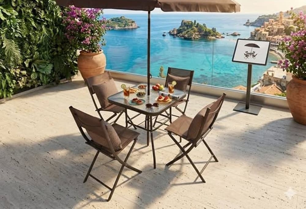 SET GIARDINO SHARM TAVOLO CON RIPIANO VETRO 70X70CM 4 SEDIE PIEGHEVOLI OMBRELLONE PARASOLE - 5