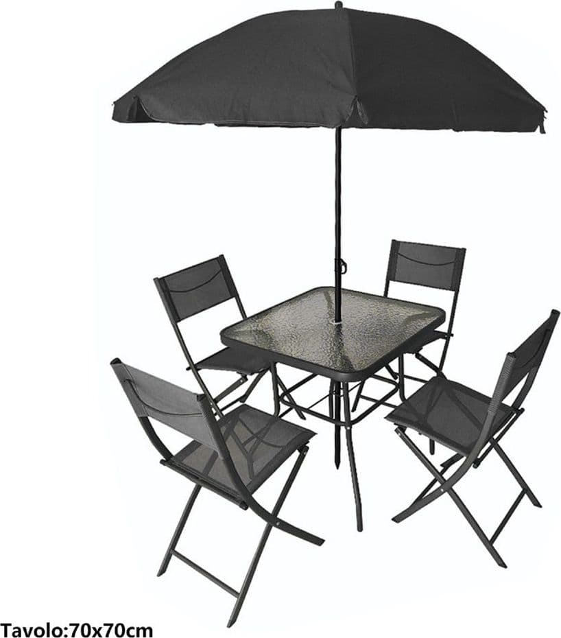 SET GIARDINO SHARM TAVOLO CON RIPIANO VETRO 70X70CM 4 SEDIE PIEGHEVOLI OMBRELLONE PARASOLE - 7