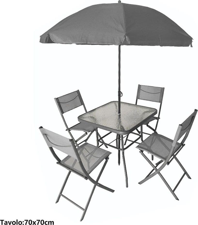 SET GIARDINO SHARM TAVOLO CON RIPIANO VETRO 70X70CM 4 SEDIE PIEGHEVOLI OMBRELLONE PARASOLE - 9