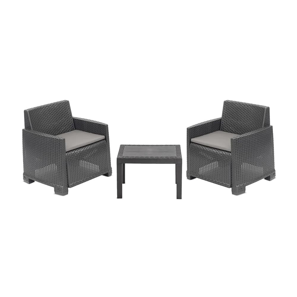 SET SALOTTO DA GIARDINO CON 2 POLTRONE CUSCINI TAVOLINO IN POLIPROPILENE EFFETTO RATTAN - 2