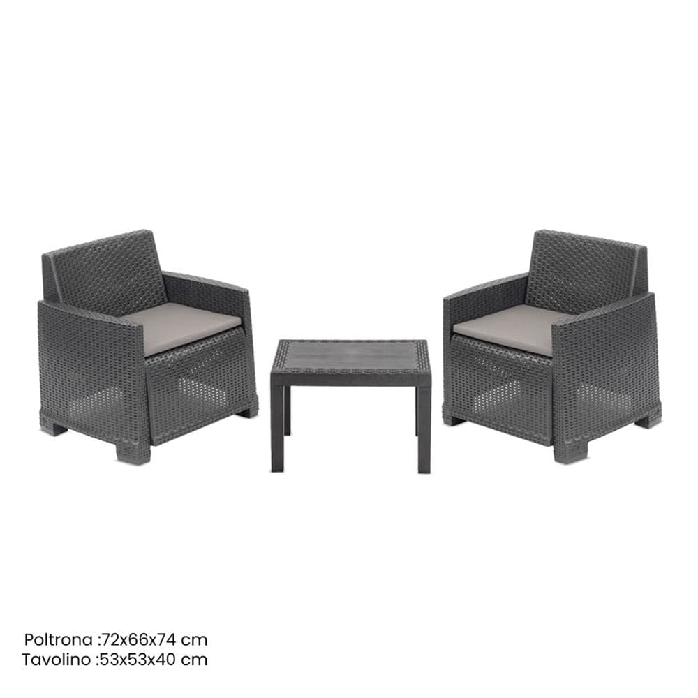 SET SALOTTO DA GIARDINO CON 2 POLTRONE CUSCINI TAVOLINO IN POLIPROPILENE EFFETTO RATTAN - 3