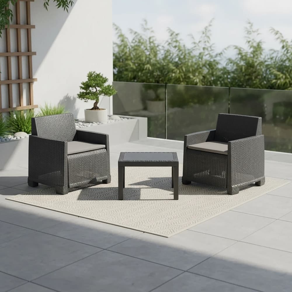 SET SALOTTO DA GIARDINO CON 2 POLTRONE CUSCINI TAVOLINO IN POLIPROPILENE EFFETTO RATTAN - 4