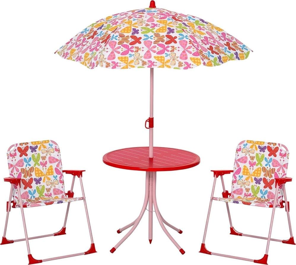 SET TAVOLO SEDIA BISTROT PER BAMBINI MOTIVO FARFALLA GIARDINO CORTILE CON OMBRELLONE 529027