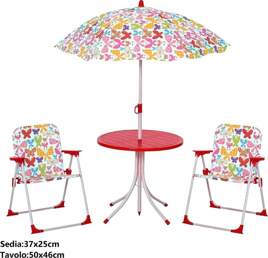SET TAVOLO SEDIA BISTROT PER BAMBINI MOTIVO FARFALLA GIARDINO CORTILE CON OMBRELLONE 529027 - 2