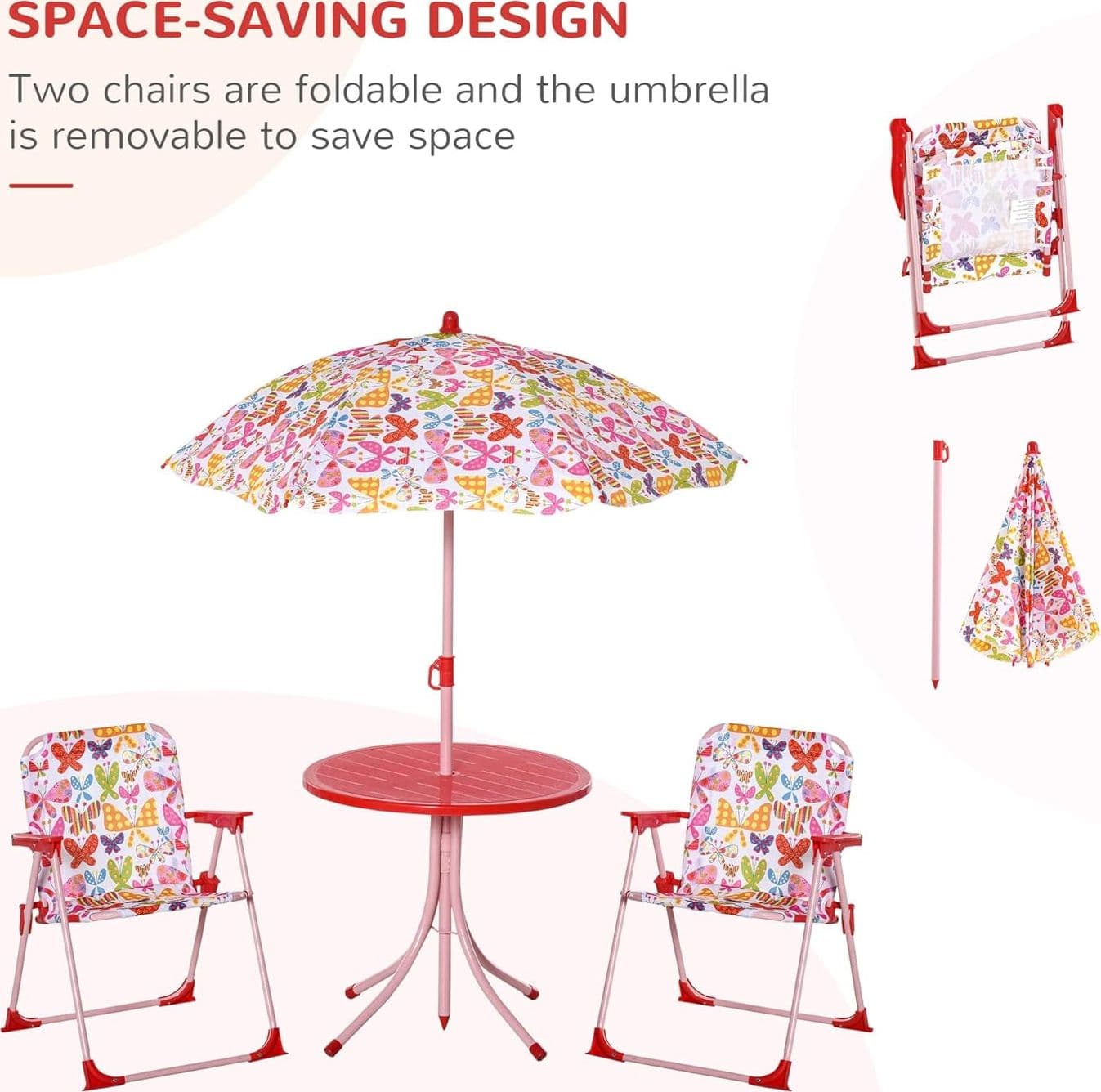 SET TAVOLO SEDIA BISTROT PER BAMBINI MOTIVO FARFALLA GIARDINO CORTILE CON OMBRELLONE 529027 - 4