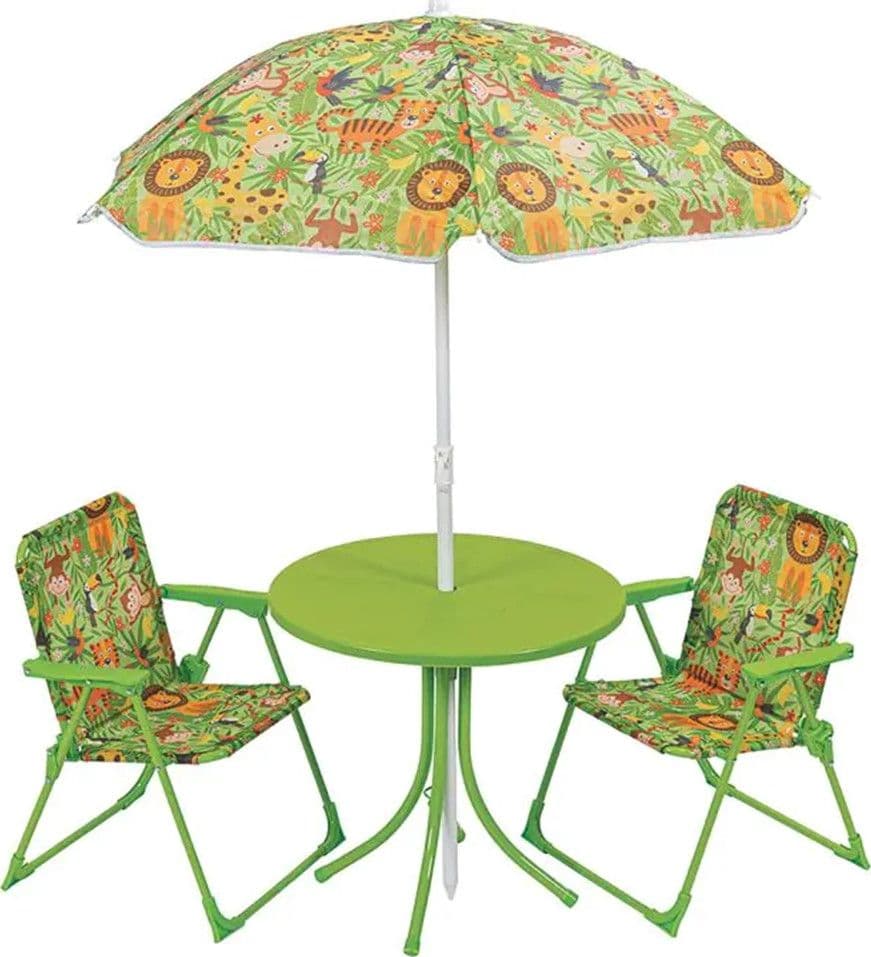SET DA GIARDINO PER BAMBINI CON TAVOLINO ROTONDO SEDIE PIEGHEVOLI OMBRELLONE VERDE 529028