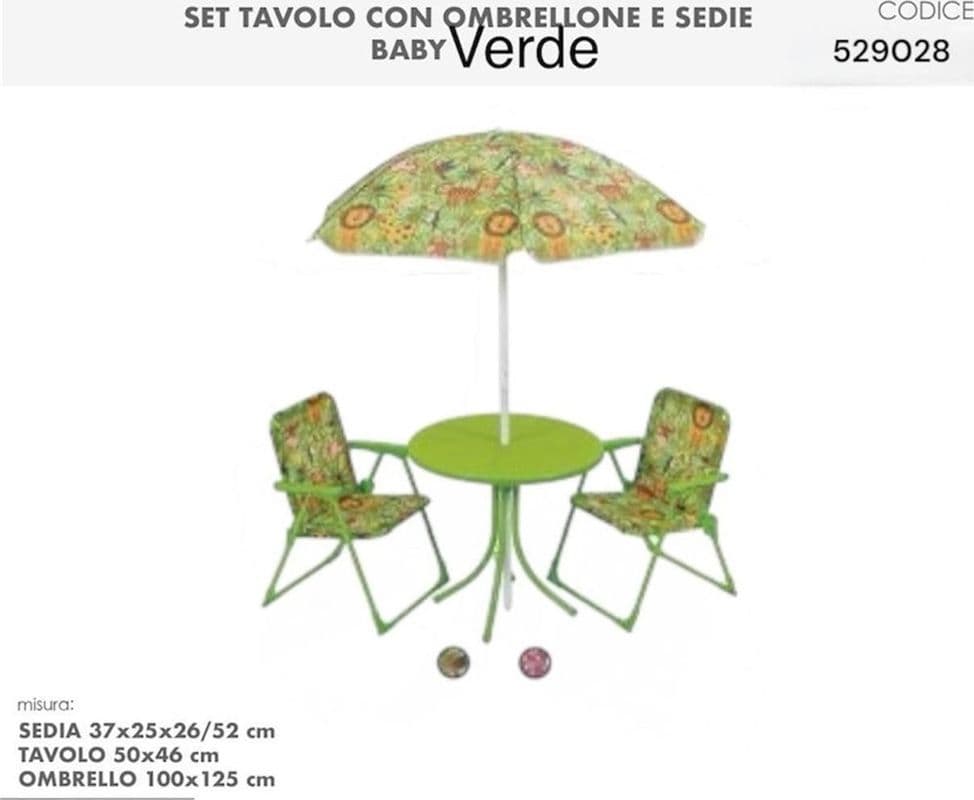 SET DA GIARDINO PER BAMBINI CON TAVOLINO ROTONDO SEDIE PIEGHEVOLI OMBRELLONE VERDE 529028 - 2